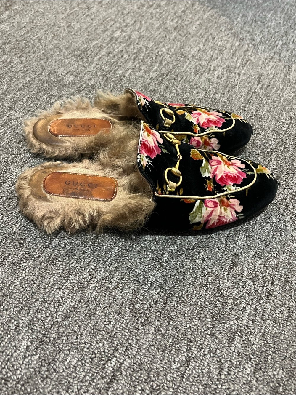 Gucci Black Velvet Floral Fur-Lined Horsebit Mules Size 36 US 4.5